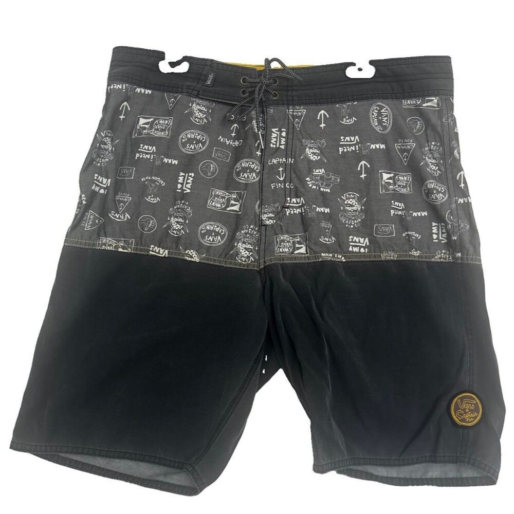 Vans Captain Fin Board Shorts Men’s 32 Gray Black Surf Swim Trunks Logo Print